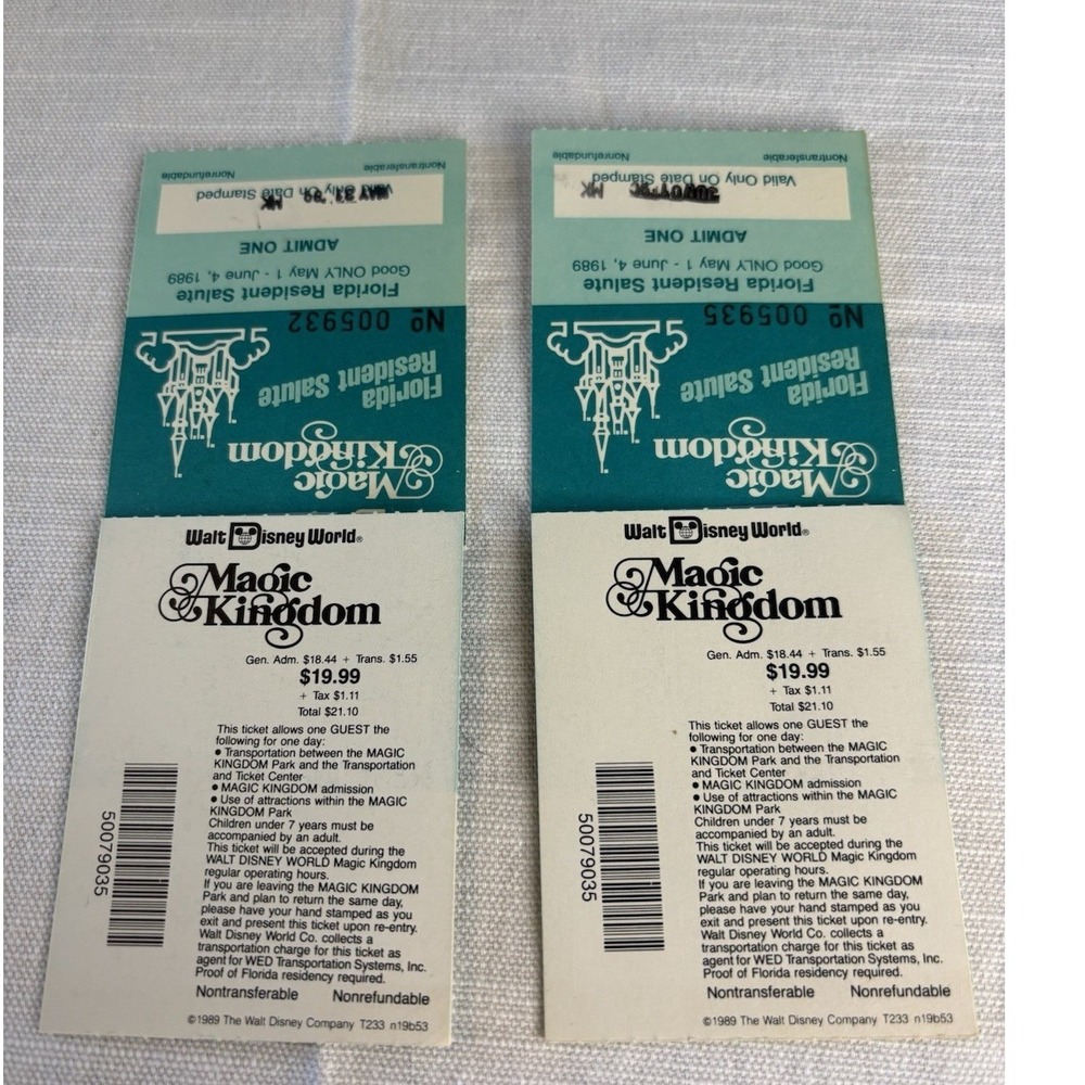 Walt Disney World Magic Kingdom 2 - Tickets Stub May & June '89Florida Resident